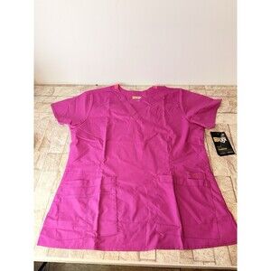 Wonder Flex Women's Scrub Top Size L (2 Front Pockets Short Sleeve V Neck Purple